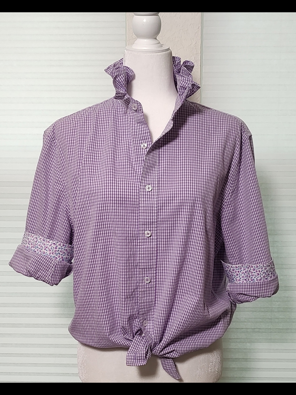 Women's Lavender Gingham Ruffle-Collar Shirt